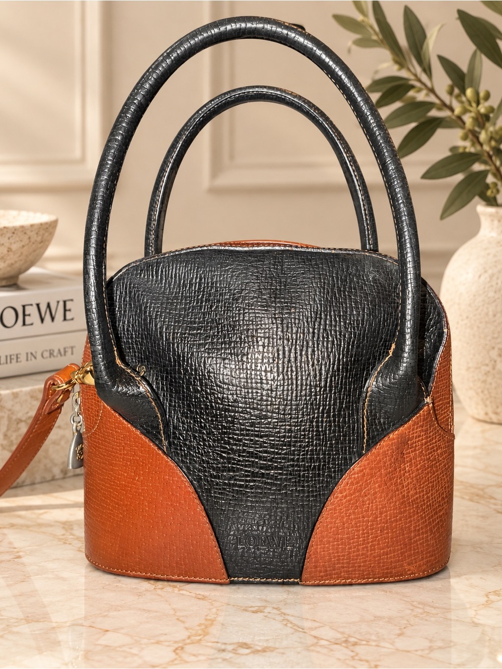 Vintage Loewe Black & Cognac Leather Structured Top Handle Shoulder Bag